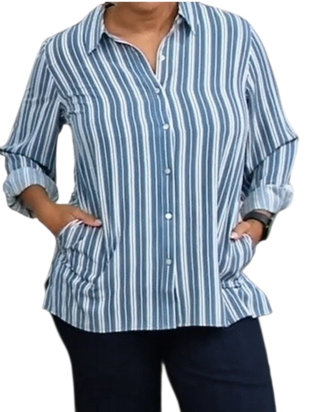 Susan Graver PXL Button Front Coastal Leisure Shirt Chambray Blue & Cream NWOT